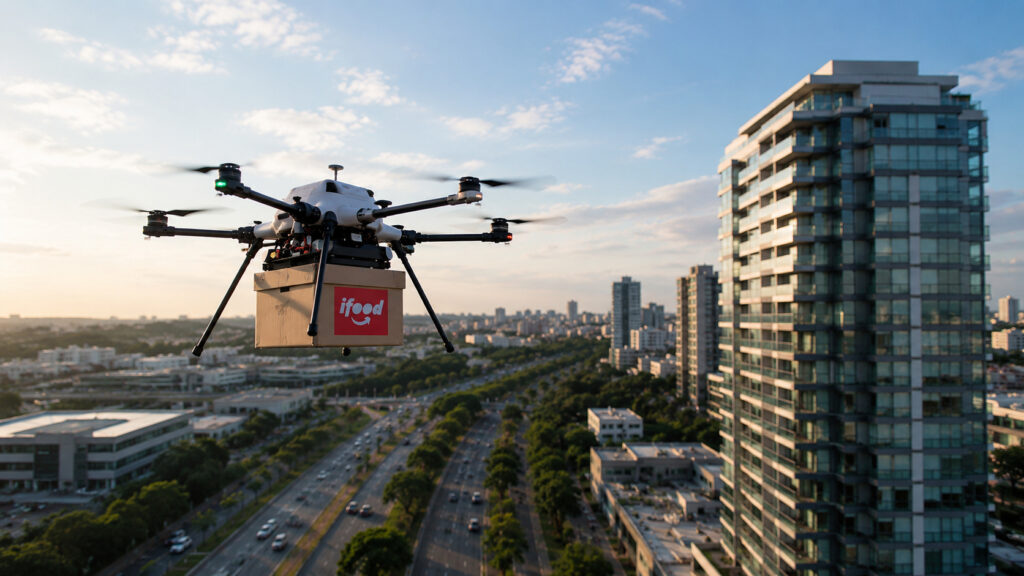 Legenda: Primeira operação residencial de delivery por drone realizada pelo iFood em Barueri.
