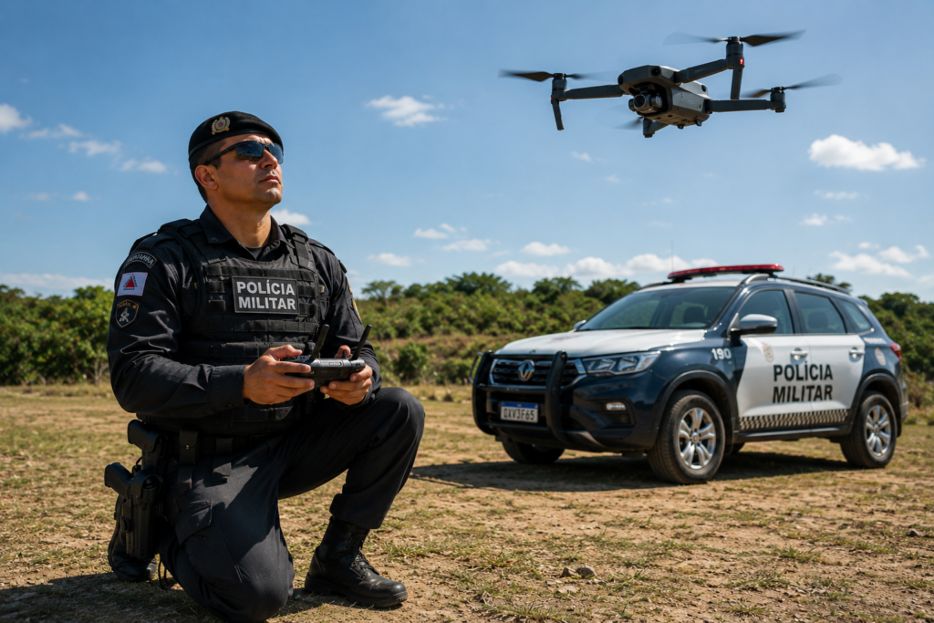 policial militar uniformizado pilotando um drone profissional