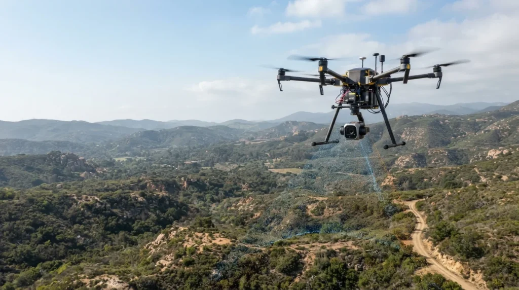 Drone realizando levantamento aéreo de uma área.